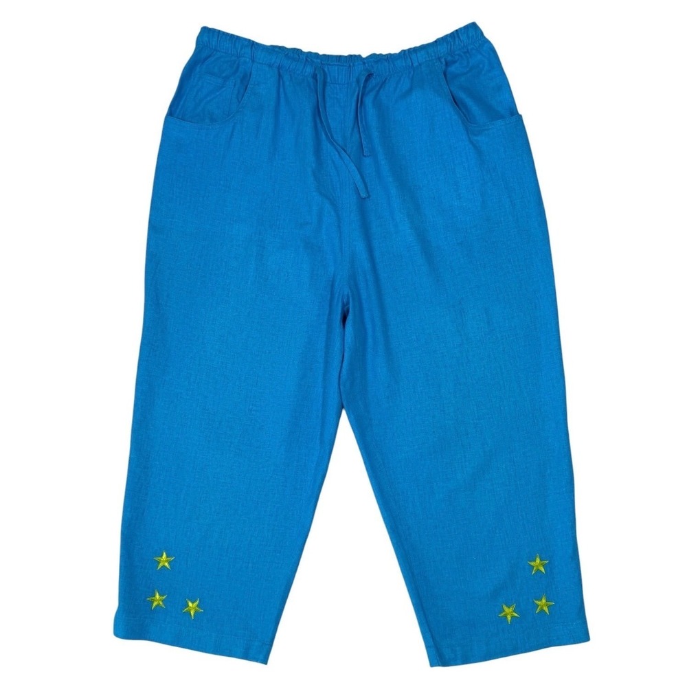 Quacker Factory Womens Size Large Blue Linen Blend Star Embroidered Crop Pants